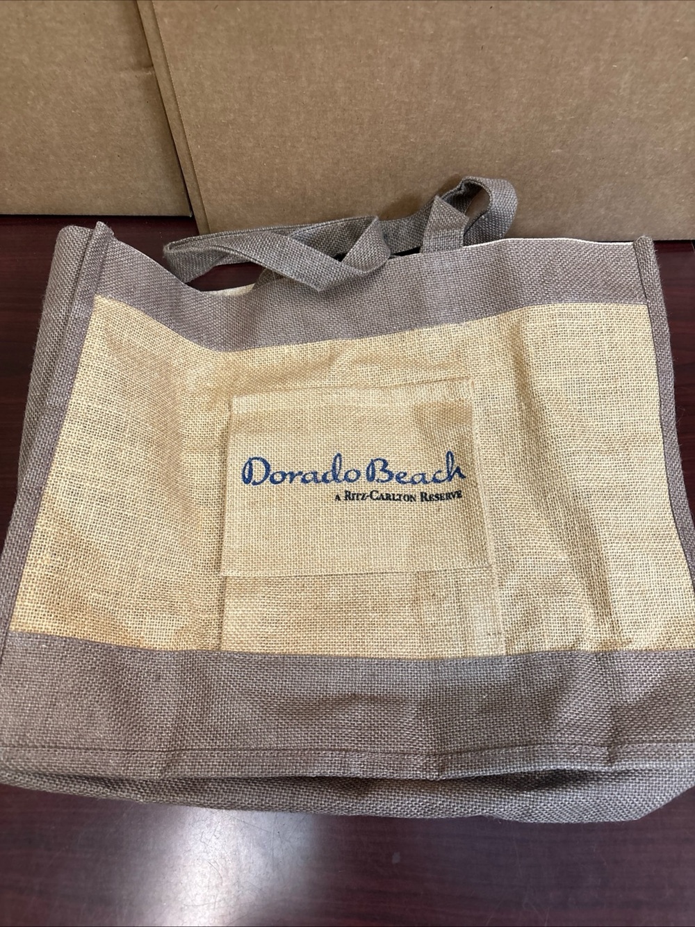 Ritz-Carlton Dorado Beach Large Jute Burlap Beach Tote Bag Natural Beige Logo